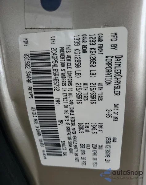 2005 Chrysler Town & Country Touring from USA, damaged, VIN 2C4GP54L65R465732